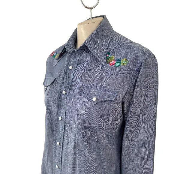 VTG 70s Floral Embroidered Pearl Snap Western Shirt  READ DESCRIPTION SZ L SLIM - Picture 3 of 9